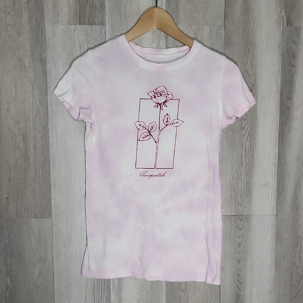 Aeropostale Womens‎ M Classic Crew Pink Tie Dye Floral Rose Short Sleeve Tee